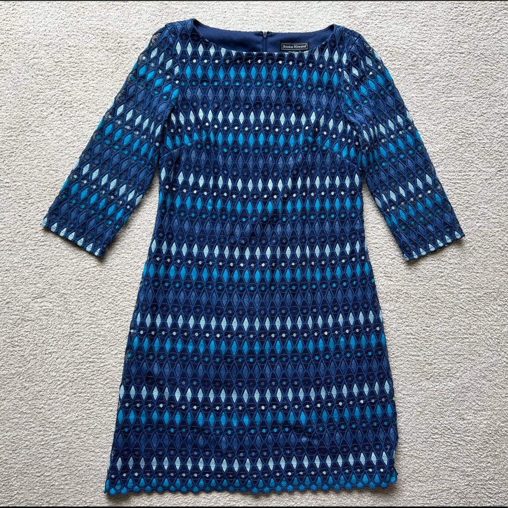 Jessica Howard Womens Blue Geometric 3/4 Sleeve Knee Length Shift Dress Size 6